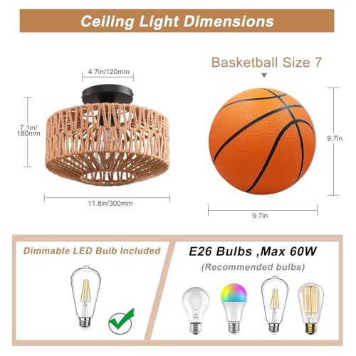 Ceiling Light Fixture,Hand-Woven Rattan Flush Mount Ceiling Light,Farmhouse Light Fixtures Ceiling Mount Boho for Hallway Bedroom Kitchen Entryway Living Room - color: 11.4 IN Ceiling Light