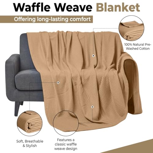 100% Cotton Blankets for Bed - Waffle Weave Blankets for Summer, Lightweight and Breathable Soft Woven Blanket for Spring (Beige, Throw (50" x 60")) - color: Beige, size: Throw (50" x 60")