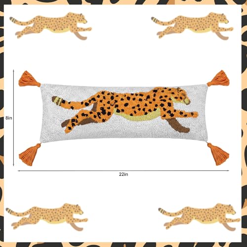 Beeveer 1 Pcs Leopard Hooked Wool Pillow 8 x 22 Inch Cheetah Lumbar Throw Decorative Animal Needlepoint Pillow with Zipper Embroidery Tufting Silver Thread for Home Couch Sofa Bedroom Living Room - color: Leopard, size: 8 x 22 Inch