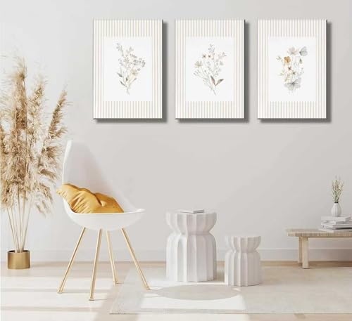 3Psc Striped Floral Canvas Wall Art Neutral Minimalist Flower Painting Picture Wall Decor Boho Vintage Wildflower Poster Print Artwork for Living Room Bathroom Home Decoration12x16 Inch - color: White retro flowers, size: 24"L x 16"W