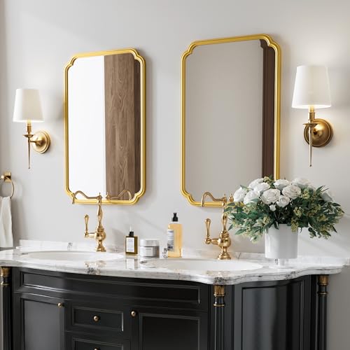 Ferytange 22x34 Inch Gold Bathroom Mirror, Metal Framed Wall Mirror with Rounded Edges, Rustproof Horizontal Vertical Hanging for Vanity Over Sink - color: Gold, size: 34"L x 22"W