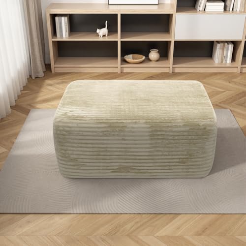 37'' Oversized Ottoman Bench, Plush Corduroy Poufs Foot Tool, Fluffy Boneless Couch Footrest Padded Seat, Seat Cube for Living Room No Assembly (Beige)