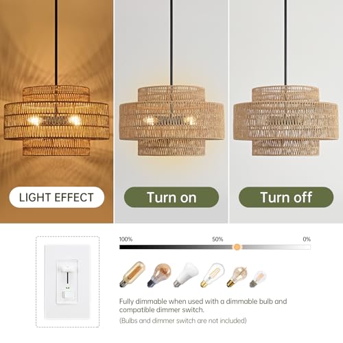 4-Light Boho Rattan Chandelier for Dining Room Light Fixture, 17.7” Black Rustic Pendant Light Farmhouse Hand Woven Wicker Light Fixture for Kitchen Island, Living Room, Bedroom - color: Brown+Black Hardware, size: 17.7" 4-Light