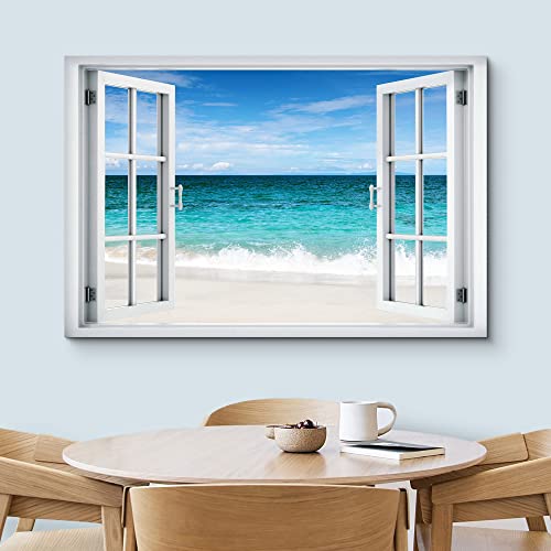 wall26 Canvas Print Wall Art Window View Teal Tropical Blue Ocean Shore Horizon Wilderness Nature Photography Realism Scenic Landscape Colorful Multicolor for Living Room, Bedroom, Office - 12"x18" - color: A001-2204-irs15, size: 18"L x 12"W