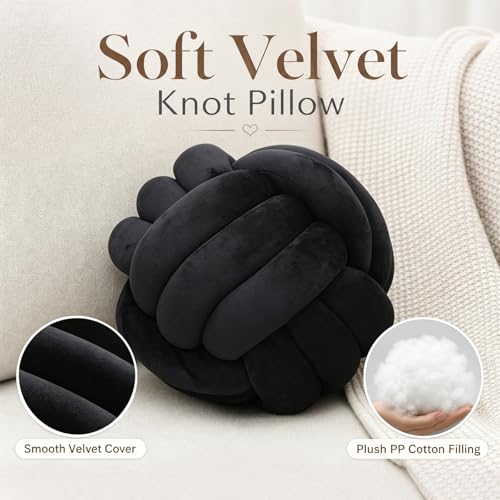 Petrella Knot Pillow, 8 Inch Black Round Velvet Throw Pillow Ball Cushion, Machine Washable Soft Decorative Accent Pillow for Couch, Sofa, Bed, Home Decor - color: A1-black, size: 8inch
