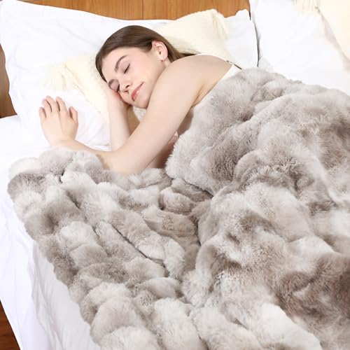 Faux Rabbit Fur Throw Blanket for Couch, Fluffy Warm Plush Thick Bubble Blanket for Bed Sofa Living Room, Soft Cozy Furry Blanket, 50x60 inches, Tie-dye Khaki - color: Tie-dye Khaki, size: Throw50"x60"