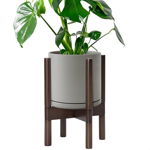 D'vine Dev Ceramic Planter with Walnut Color Stand - 8 Inch Modern Round Flower Pot with Wood Planter Holder, Grey, 55-B-Y-3 - color: Grey Pot + Walnut Color Stand, size: 8 Inch