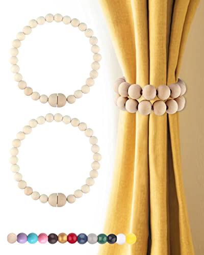 Magnetic Curtain Tiebacks Boho Beaded: Strong Magnets, Boho Decor Wood Bead Curtain Tiebacks, Farmhouse Decor Curtain Tie Backs for Curtain Holdbacks, Baby Nursery Decor, Natural, 2 Pack - color: Natural