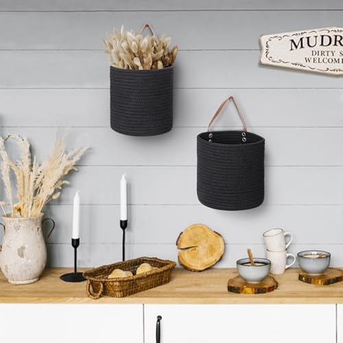 MEGASKET 2 Pack Hanging Basket, Small Wall Baskets for Organizing, Wicker Boho Wall Decor Set, Indoor Hanging Plant Holder, Rattan Woven Storage Bin for Home Decor, Farmhouse Storage Box, Black - color: Black