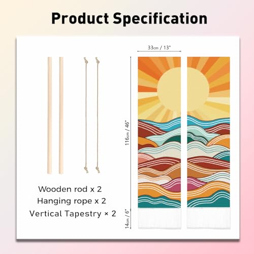 PLIGREAT 2 Pack Bohemia Sunrise Tapestry Abstract Ocean Waves Wall Hanging with Tassels Vertical Nature Wall Tapestry for Living Room Bedroom Bathroom Long Narrow Home Hanging Decor, 46" x 13" - color: Yellow and Red