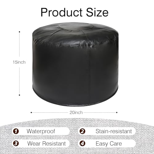 Unstuffed Ottoman Pouf Cover 20 X 15 Inch, Round Pu Leather Foot Stool, Floor Bean Bag(No Filler), Foot Rest with Storage for Living Room/Bedroom/Office, Black - color: Black