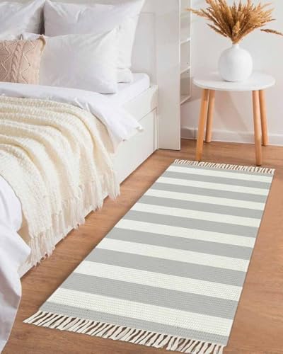Simple Gray Stripes Kitchen Runner Rug 2'x4', Washable Woven Cotton Area Rug Bathroom Hallway Rug, Geometric Vertical Linens Modern Minimalism Entryway Bedroom Rug Non Slip Throw Rug Carpet - color: Grey, size: 2 x 4 ft