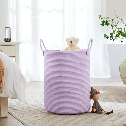 60L Large Purple Laundry Hamper Basket for Nursery Kids Tall Lavender Blanket Basket for Girls Cotton Rope Lilac Clothes Hamper in Bedroom 15Dx20H inches - color: Purple, size: Large (60L)