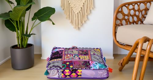 CRAFT KALA Indian Square Patchwork Traditional Pouf Cover Indian Living Room Poufs Decorative Embroidered Designer Ottoman Home Living Footstool Chair Cover Decor Pillow Cover 18x18x5 inches, Purple - color: Purple, size: 18"D x 18"W x 5"H