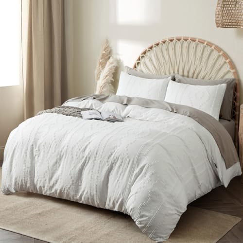 Duvet Cover Twin Size, 2PCS White Boho Duvet Cover Set, Geometric Pattern Tufted Bohemian Comforter Cover Jacquard Knit Textured Bedding Set with Zipper Closure - color: White, size: Twin