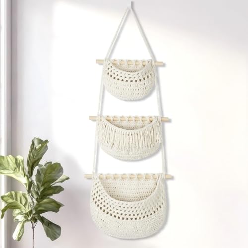 Boho Style Handwoven Rope Hanging Basket - 3-Tier Detachable Storage Organizer for Kitchen/Bathroom/Entryway, 3 Included Heavy-Duty Hooks, 7 Color Options Available (White) - color: White