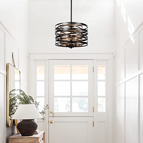 12.6'' Farmhouse Chandeliers for Dining Room, 3-Light Industrial Metal Hanging Light Fixture, Rustic Drum Pendant Light for Entryway Kitchen Foyer Bedroom, Black with Retro Wood Texture Interior - color: Black with Retro Wood Texture Interior, size: 12.6"