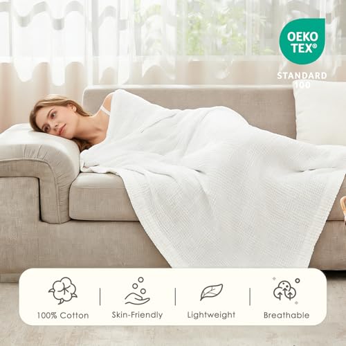 EMME Cotton Muslin Throw Blanket for Couch Breathable Gauze Soft Lightweight Blankets for Adults (50"x60") - color: 04 - White, size: Throw (50" x 60")