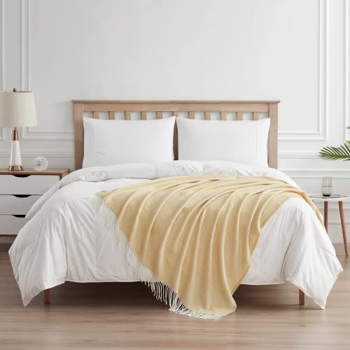 BOURINA Decorative Herringbone Faux Cashmere Fringe Throw Blanket Lightweight Soft Cozy for Bed or Sofa Farmhouse Outdoor Throw Blankets, 50" x 60", Light Yellow - color: Yellow, size: 50"x60"