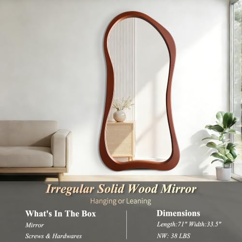 Irregular Full Length Mirror, 71"x33.5" Oversized Organic Floor Mirror with Solid Wood Frame, Large Asymmetrical Mirrors for Entryway Hallway Cloakroom Living Room, Leaning/Wall-Mounted - color: Walnut Wood Frame, size: 71"L x 33.5"W