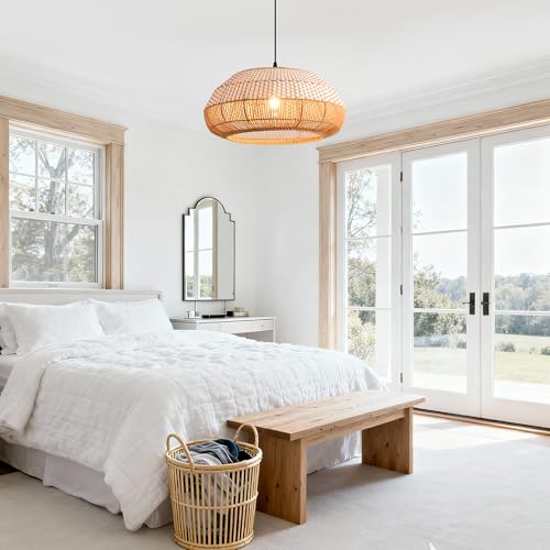 Boho Woven Pendant Light, 19" Farmhouse Handwoven Rattan Chandelier Ceiling Light for Kitchen Island Dining Room, Coastal Hanging Basket Light Fixture with 47.2" Adjustable Cord, E26 Base - color: D3037