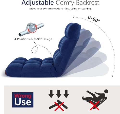 Folding Floor Chair 14-Position Cushioned Adjustable Floor Lazy Sofa Chair w/Breathable Cotton & Skin-Friendly Coral Velve for Adults & Kids Ideal for Reading Meditating，Navy - color: Navy