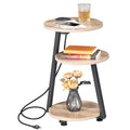 BEWISHOME Round End Table with Charging Station, Side Accent Table with 3-Tier Shelves, Small Couch Table for Living Room Greige KTZ51G - color: Beige, size: with PowerOutlet