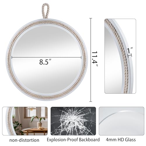 Small Decorative Mirror 11.4'' Round Hanging Mirror for Wall Nautical Rope Mirror for Bathroom Office Living Room All Occasions, White Accent 2 - size: 11.8"L x 11.8"W