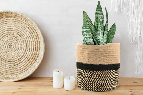 Woven Cotton Rope Plant Basket for 11" Flower Pot Floor Indoor Planters,Storage Organizer Basket Rustic Home Decor (11" x 11",Black and Brown Stripes) - color: Black Stripes, size: W 11"x H 11"