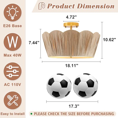 18” Boho Ceiling Light 3-Light Semi Flush Mount Ceiling Light Fixture with Woven Raffia Shade, Boho Light Fixture for Bedroom Kitchen Hallway Entryway - color: Brown