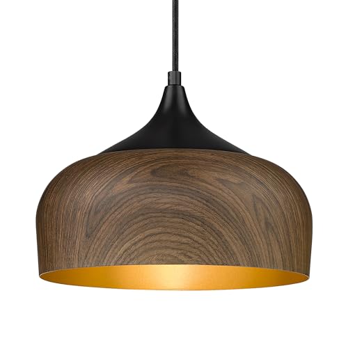 ELYONA Modern Bauhaus Pendant Light Walnut Wooden Pattern Dome Pendant Light Fixture Matte Black Metal Gold Inner Adjustable Hanging Lighting for Kitchen Island Dining Room Office Hallway Bedroom - color: Walnut & Black