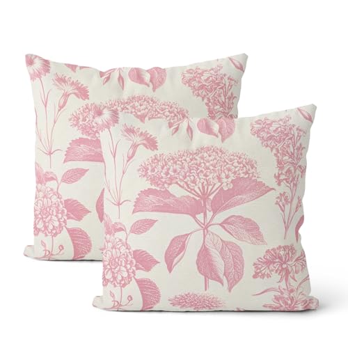 Pink Pillow Covers 16x16 Inch 2 Pcs Boho Vintage Floral Decor Throw Pillows Hydrangea Flower Seasonal Outdoor Farmhouse Neutral Accent Decoration Pillowcase Linen Cushion Cover for Sofa - color: Boho Pink Hydrangea, size: 16" x 16" (Pack of 2)