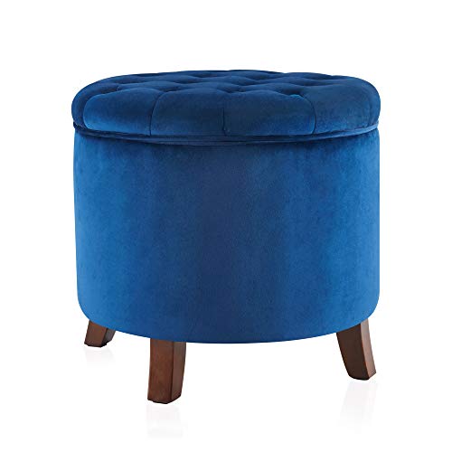 BELLEZE Modern Tufted Accent Storage Ottoman, Small Upholstered Button Circle Pouf Footstool with Lift Top, for Bedroom Living Room Vanity - Navy Blue - color: Navy Blue