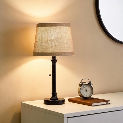 Oneach 19.5" Black Table Lamp Set of 2, Small Bedside Table Lamps with Unique Natural Shade, Pull Chain Switch, USB A+C Charging Ports, Rustic Nightstand Lamps for Living Room, Bedroom, Nursery - color: Black USB-2Pack