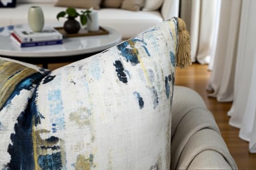 VAGMINE Abstract Watercolor 20x20 Inch Throw Pillow Cover with Tassel Corners - Blue Mustard Brushstroke Print on Textured Polyester - Cushion Case for Couch Sofa - Panna - color: Panna, size: 20" x 20" (Pack of 1)
