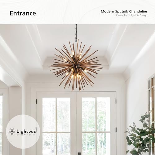 31.3" Farmhouse Sputnik Chandelier for Dining Room Rustic Handmade Natural Wood 16-Light Hanging Ceiling Pendant Light Fixture Starburst Wood Chandeliers for Kitchen Bedroom Foyer Hallway - size: Diameter 31.3", 16-Light