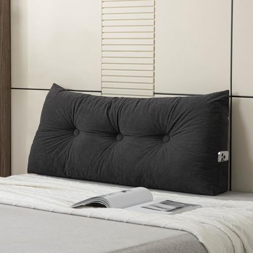 Headboard Pillow Bed Wedge Pillow for Headboard with Side Pockets Dorm Headboard Twin XL Long Back Pillow for Bed Bolster Pillow for Mattress Gap Filler - color: Dark Grey