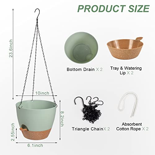 Vanslogreen Hanging Planters for Indoor Outdoor Plants, 2 Pack Self Watering Hanging Pot with Drainage Holes & Removable Tray (Green, 10'') - color: Green, size: 10''