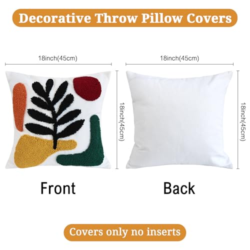 Boho Accent Pillow Covers 18x18- Tufted Abstract Modern Square Throw Pillow Covers, Farmhouse Decorative Pillowcase for Couch, Sofa, Bed, Living Room-Dark Green Khaki Red Geometric Black Leaf - color: Green Botanical Tufted