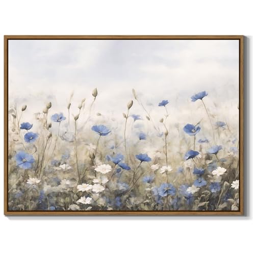 Vintage Floral Wall Art Blue White Flower Canvas Art Prints Wildflower Pictures Wall Decor Nature Landscape Oil Painting Framed Botanical Artwork for Girls Room Bedroom Farmhouse Decoration, 12''x16'' - color: Blue White Flower, size: 16"L x 12"W