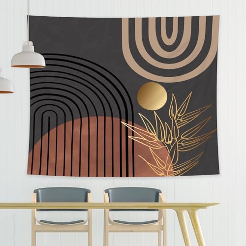 KOMLLEX Abstract Mid Century Tapestry 59Wx51H Boho Neutral Men Wall Hanging Arch Sun Leaves Minimalist Modern Geometric Simple Black Brown Gold Home Decor Art for Living Room Bedroom Dorm
