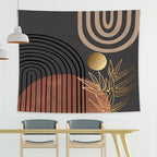 KOMLLEX Abstract Mid Century Tapestry 59Wx51H Boho Neutral Men Wall Hanging Arch Sun Leaves Minimalist Modern Geometric Simple Black Brown Gold Home Decor Art for Living Room Bedroom Dorm