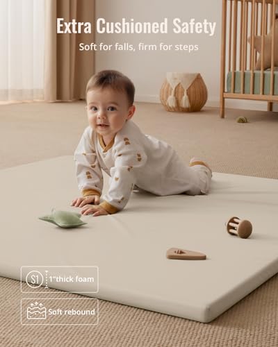 Blissful Diary Vegan Leather Baby Play Mat, 50x50 Thick Foam Cushioned & Waterproof Playpen Mat for Infants and Toddlers, Stylish and Just Wipe-Clean Playmat for Baby Play on Floor, Beige - color: Beige, size: 50" X 50"