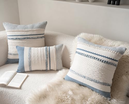 Cethom Boho Throw Pillow Covers 18x18 Inch Set of 2, Blue Textured Decorative Couch Pillow Cases for Farmhouse Home Decor, Accent Cushion Cover for Sofa, Bed, Living Room, Bedroom - color: Blue, size: 18" x 18" (Pack of 2)