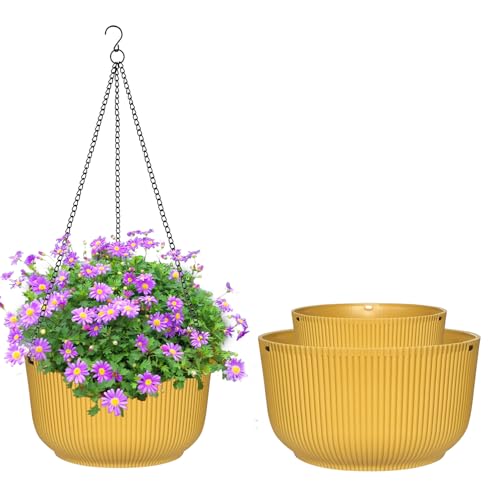 RooTrimmer Hanging Planters 9/10/11 Inch for Indoor Plants, 3 Pack Plant Hanger Outdoor with Drainage Holes, Self Watering Hanging Basket Flower Pot for Garden Home Decor, Yellow - color: Yellow