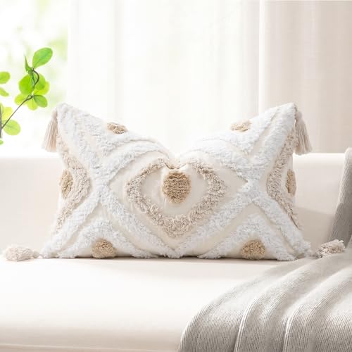 NUYECY Modern Long Lumbar Throw Pillow Cover 12 x 24,Cotton and Linen Tufted Decorative Boho Long Lumbar Pillow Case for Couch Sofa Bed Farmhouse Chair Outdoor,Khaki&Beige&White - size: 24" x 12" (Pack of 1)
