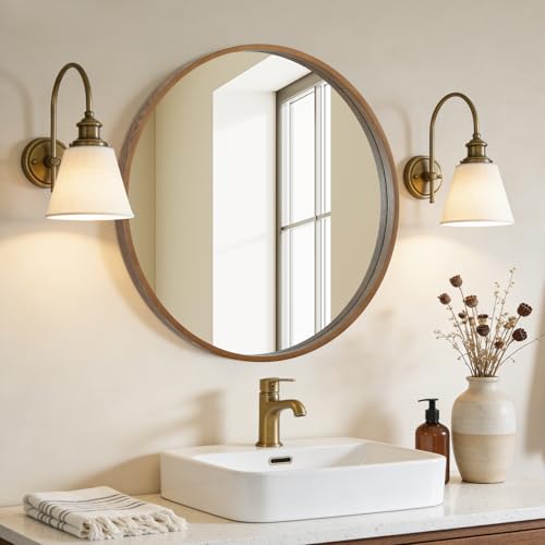 WallBeyond Circle Mirror with Wood Frame, 28" Round Modern Decoration Large Home Decor Mirror for Bathroom Living Room Bedroom Entryway (28" Diameter, Walnut) - color: Walnut, size: 28"L x 28"W