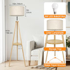 OUTON Wood Tripod Floor Lamp with Shelves, Mid Century LED Modern Dimmable Floor Lamp with Remote Control, Sturdy Tall Standing Lamp with Beige Lamp Shade for Living Room, Bedroom, Office - color: Wood & Touch Control