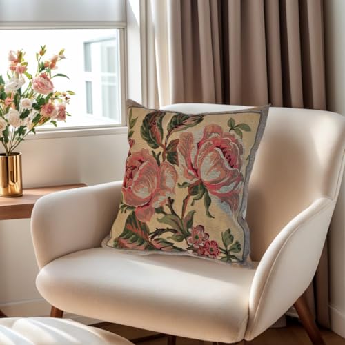 Vintage Floral Tapestry Pillow Cover | Elegant Rose Pattern Decorative Square Cushion Case | European Inspired Throw Pillow Sham for Couch Bed Sofa Decor - 18x18 Inch (Peonies in Pink and Beige) - color: Peonies in Pink and Beige