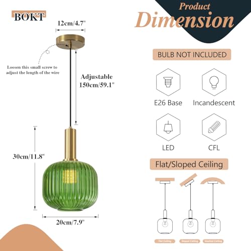 BOKT Mid Century Green Glass Pendant Lights 2-Light Mini Globe Ceiling Pendant Light Ribbed Glass Pendant Light Gold Finish Hanging Light Fixture for Kitchen Island Foyer - color: Green-2 Pack